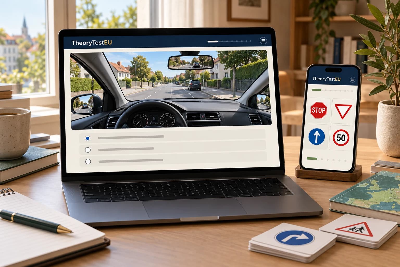 Illustrated driving-theory learning workspace shown on a laptop and smartphone