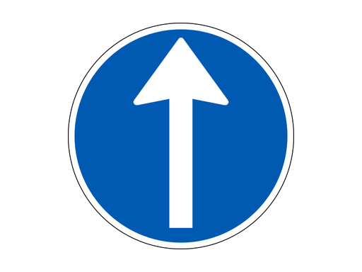 Danish D11.1 mandatory straight-ahead sign, a blue circle with a white upward arrow